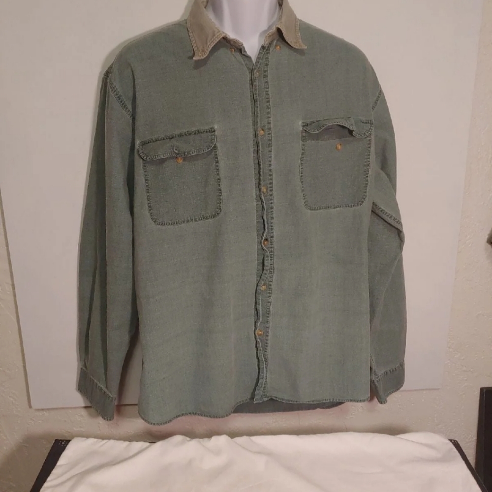 Redhead green button down shirt